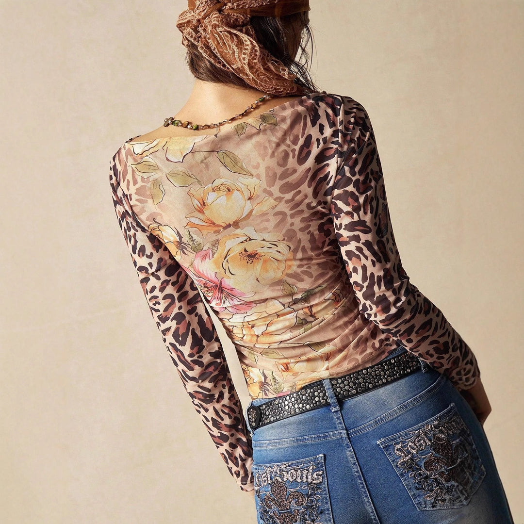 Damer nan figurbetonede Tüll-Longsleeve med dyre- og blomsterprint, Carmen-udskæring og sidelanging Skovae