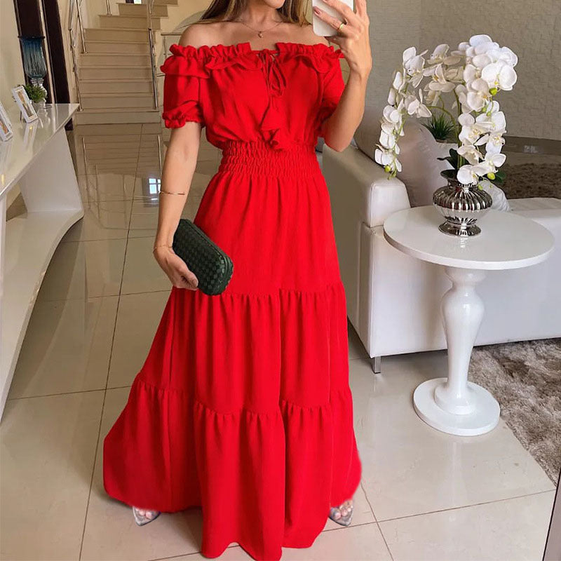 Dame Off-Shoulder Maxikjole med Rüsch og elastisk talje Stilla