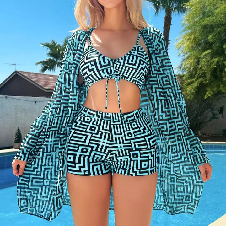 Dame modische Bikini-Sæt med geometriske mønstre og gennemsigtig strandjakke Skovae