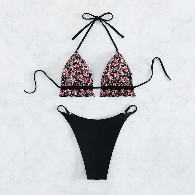 Dame trekant-bikini med blomster-oberteil og højt skåret trusse Skovae