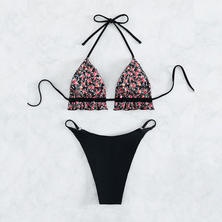 Dame trekant-bikini med blomster-oberteil og højt skåret trusse Skovae