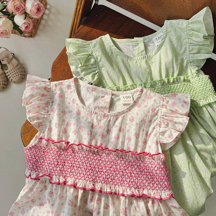 Pige Volangstoff Blomster Smocked Kjole Stilla