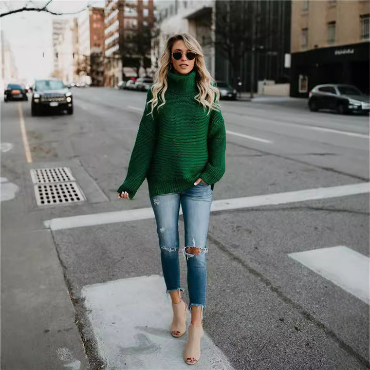 Dame Behagelig Oversized Strikpullover med Høj Krave Stilla