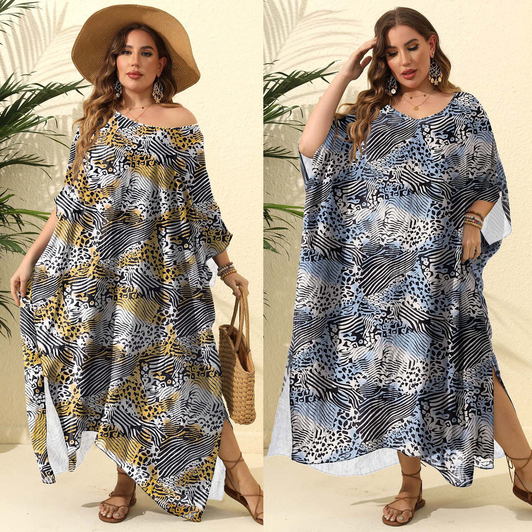 Dame Kaftan med asymmetrisk skæring og dyretryk Skovae