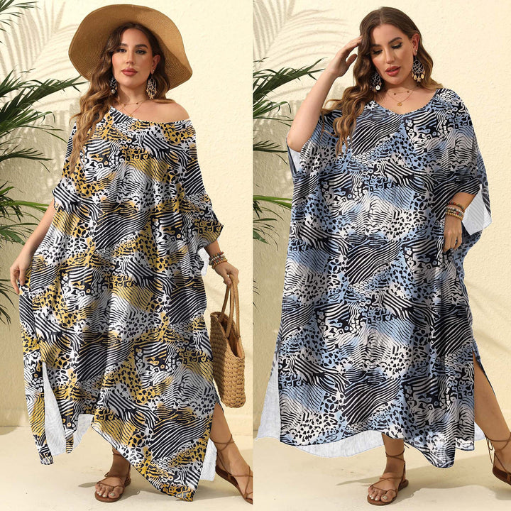 Dame Kaftan med asymmetrisk skæring og dyretryk Skovae