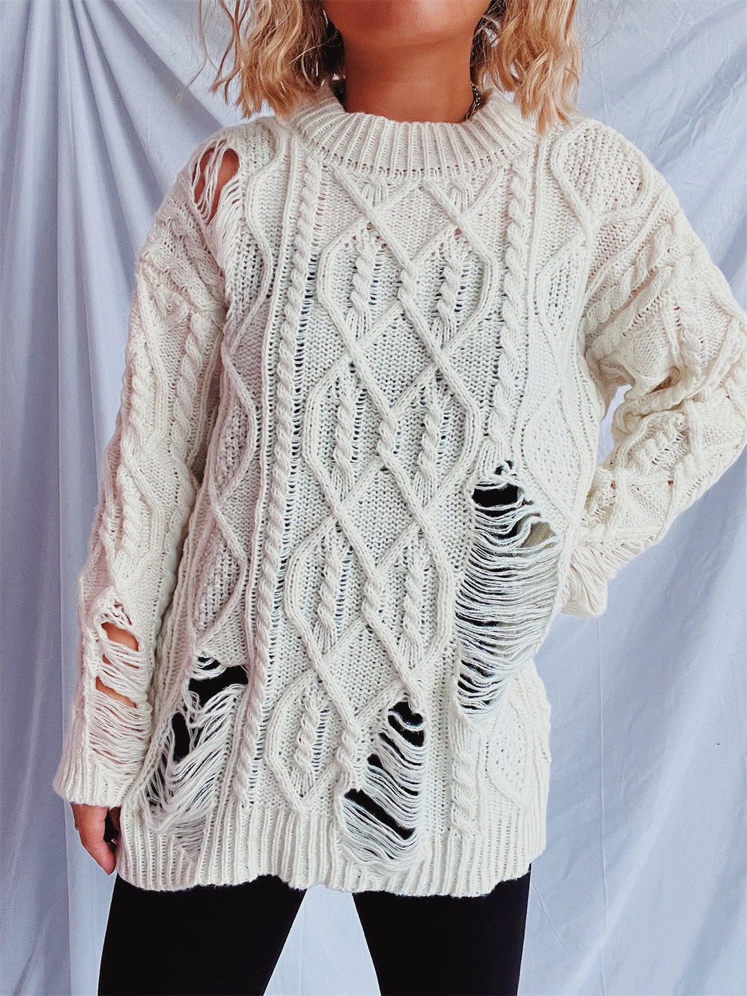 Dame casual oversized sweater med tekstureret kabelmønster og frynser Stilla
