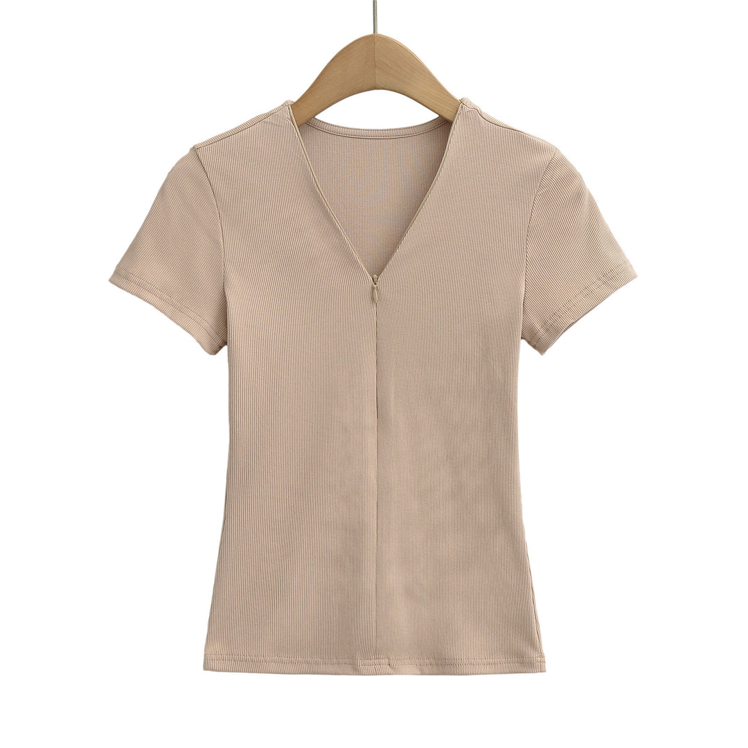 Dame Strik-T-shirt med V-hals og lynlås Stilla