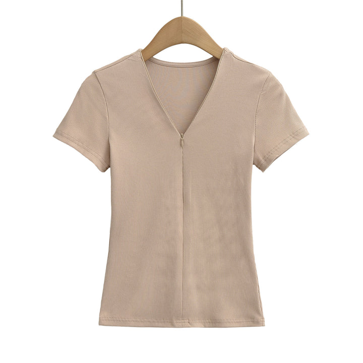 Dame Strik-T-shirt med V-hals og lynlås Stilla