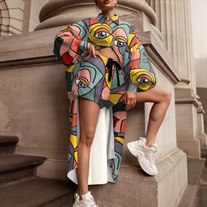 Dame Ternet Oversized-Skjortejakke med fashionabelt Print og Shorts Stilla