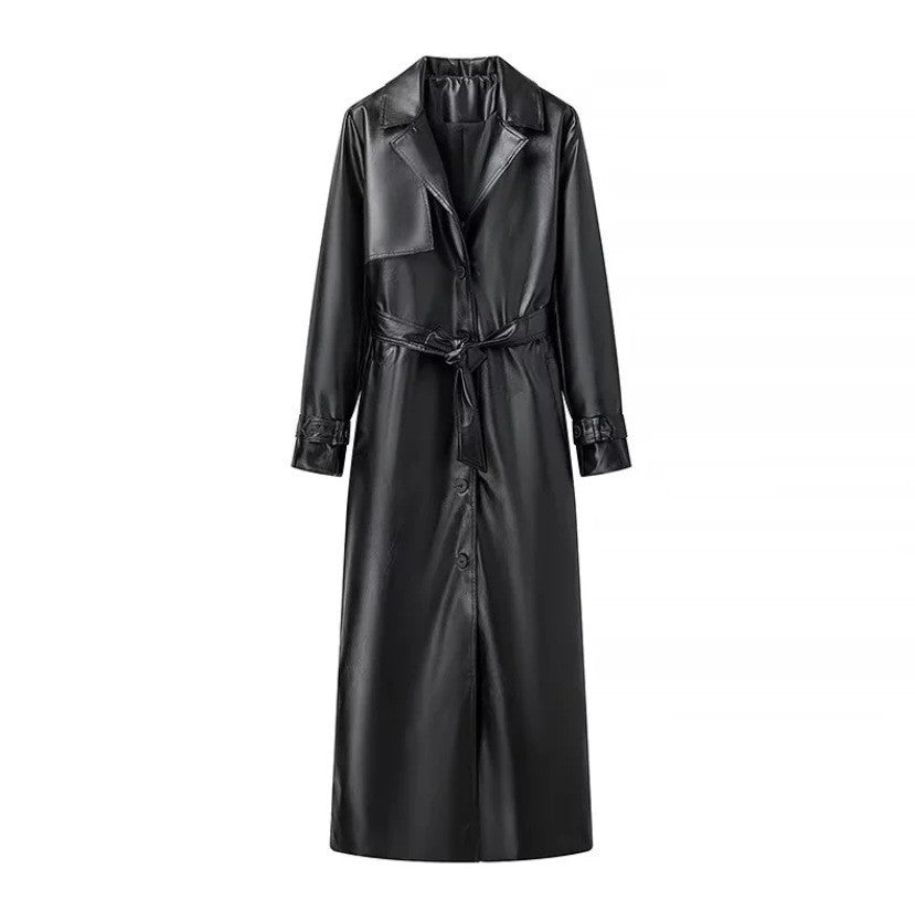 Kvindernes elegante trenchcoat i moderne look med faux læder og talje bælte Stilla