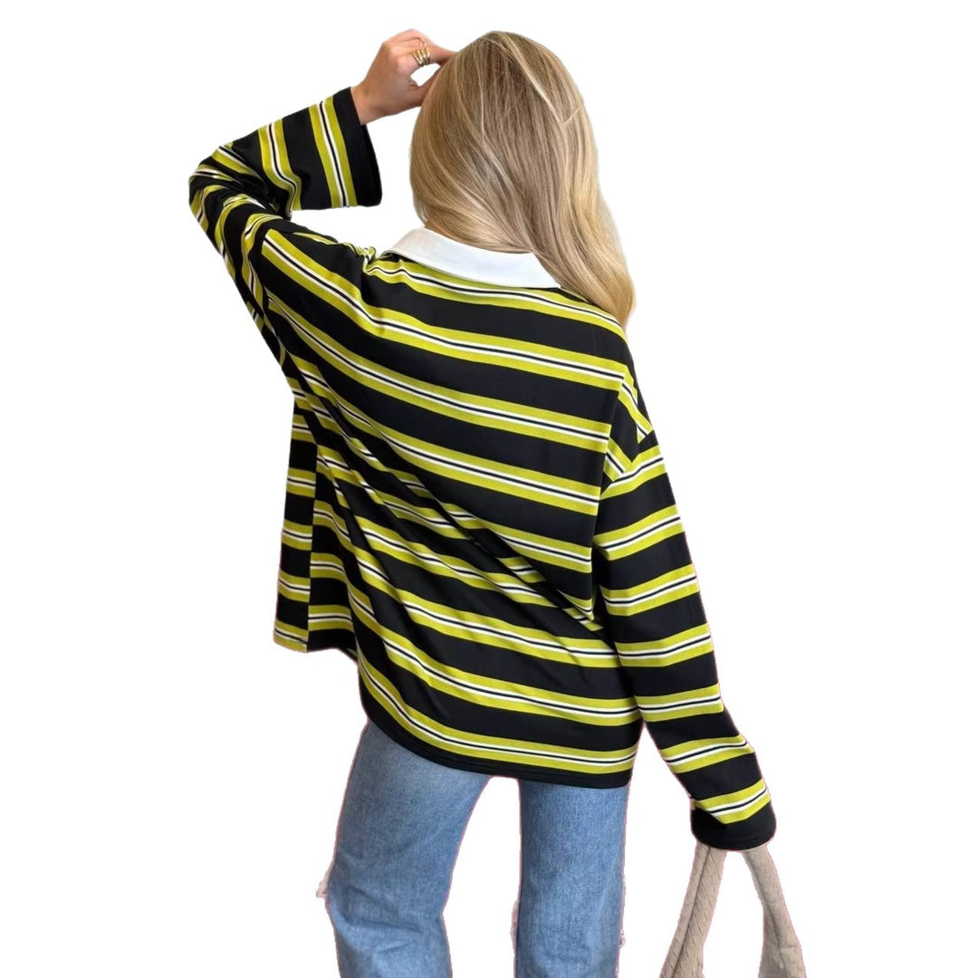 Kvinder stribet bluse sweater med klassisk krave Stilla