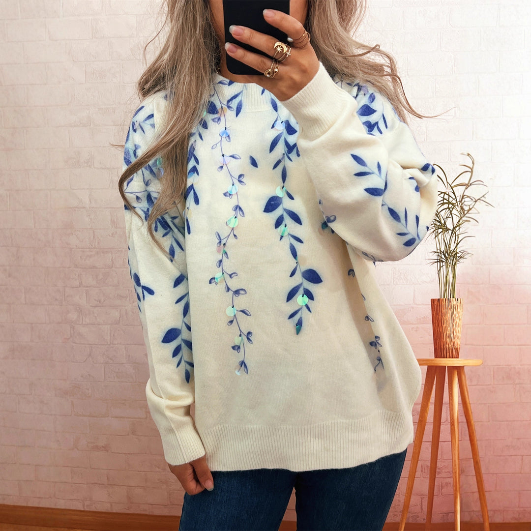 Kvinders hyggelige oversized sweater med blomstret appliké design Stilla