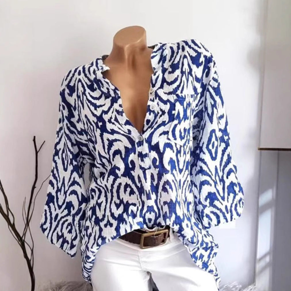 Dame nan locker skåret tunika-bluse med Ikat-mønster, V-hals og trekvartærmer Skovae