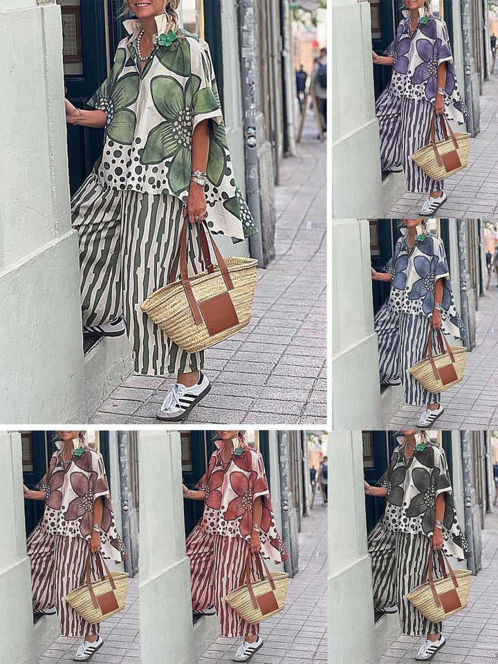 Dame Stilfuldt Floralprint Poncho og Bred-Bukser Sæt Stilla