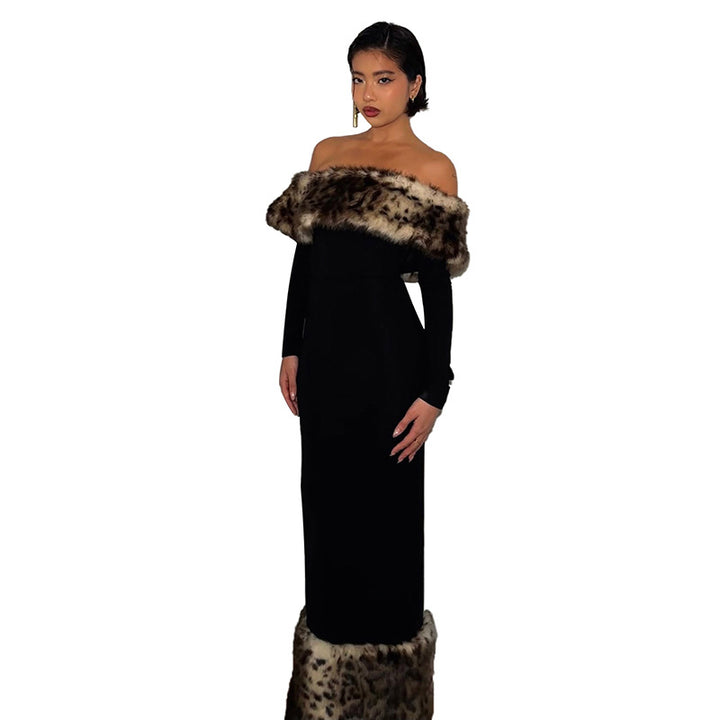 Dame Elegant Maxikjole med aftagelig leopardpelskrave Stilla