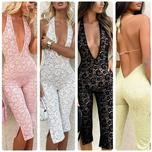 Kvinders jumpsuit lavet af delikat blondestof med dyb udskæring og sidelæg.