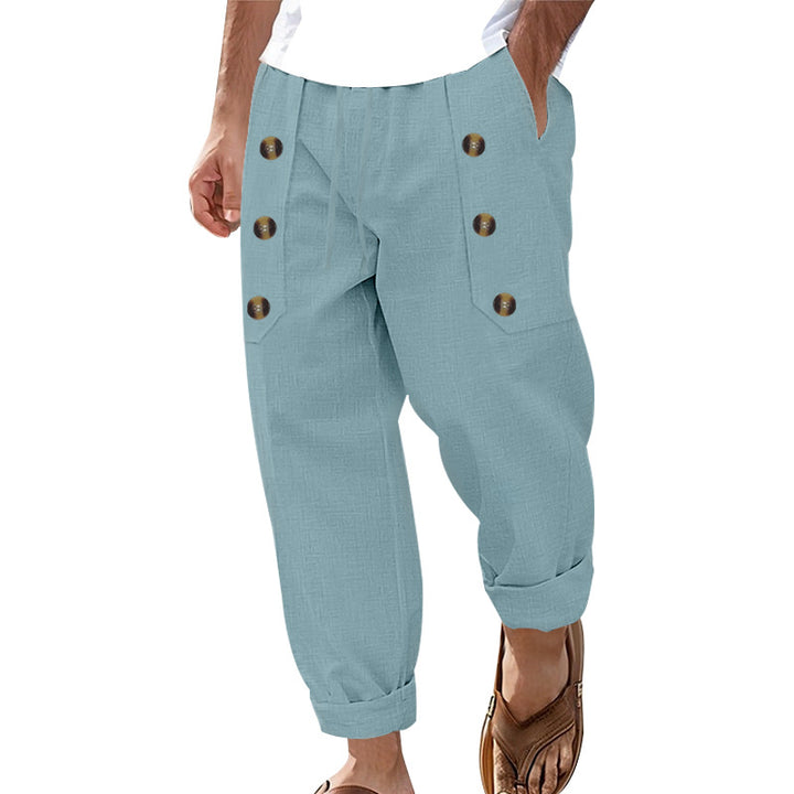 Herren nan loose linen pants with decorative button stripes, rolled ankle hem and side pockets Skovae