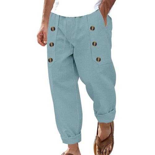 Herren nan loose linen pants with decorative button stripes, rolled ankle hem and side pockets Skovae