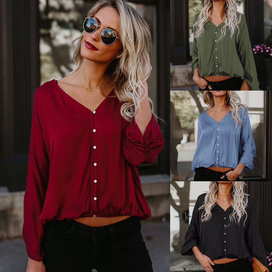 Dame afslappet bluse top med V-hals og knapdetaljer Stilla