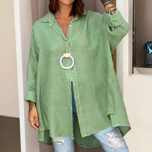 Dame Lækre Linned Bluse med asymmetrisk snit og praktiske knapper Stilla