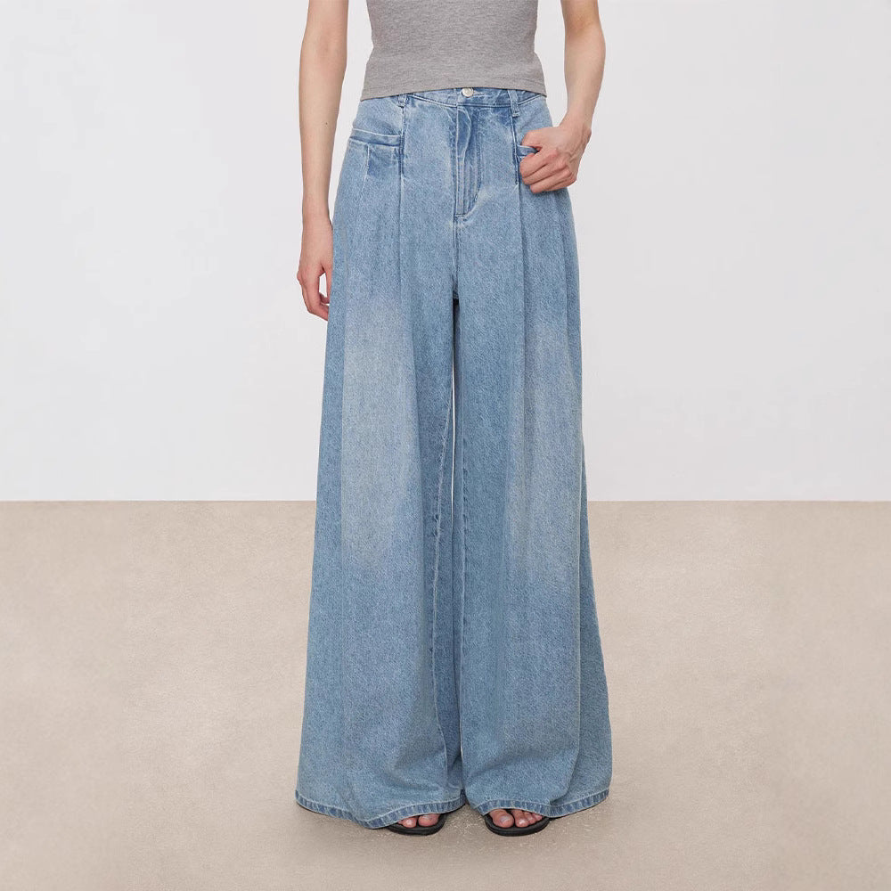 Dame vidde High-Waist Jeansbukser med elegant fold og åndbart denim Stilla