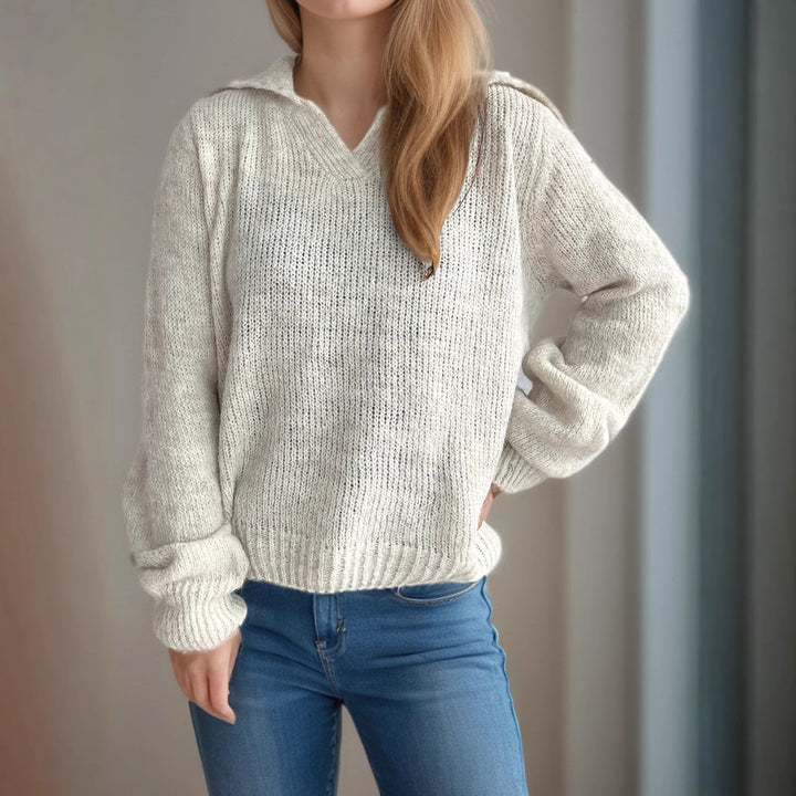 Kvinders afslappede strikket sweater med V-hals og voluminøse ærmer Stilla