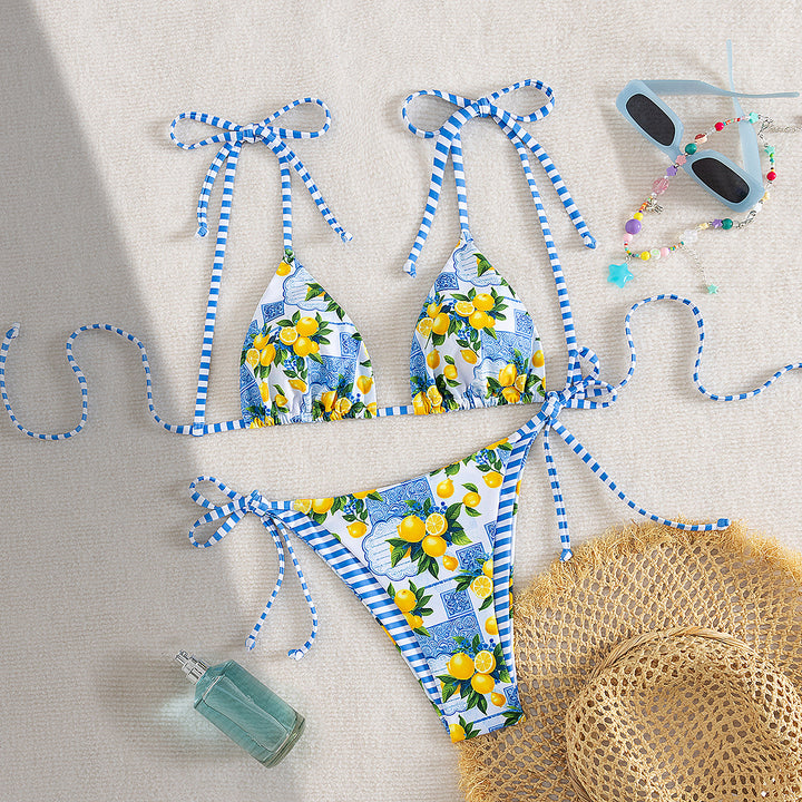 Dame Triangel-Bikini med legende blomsterdesign og justerbare stropper Skovae