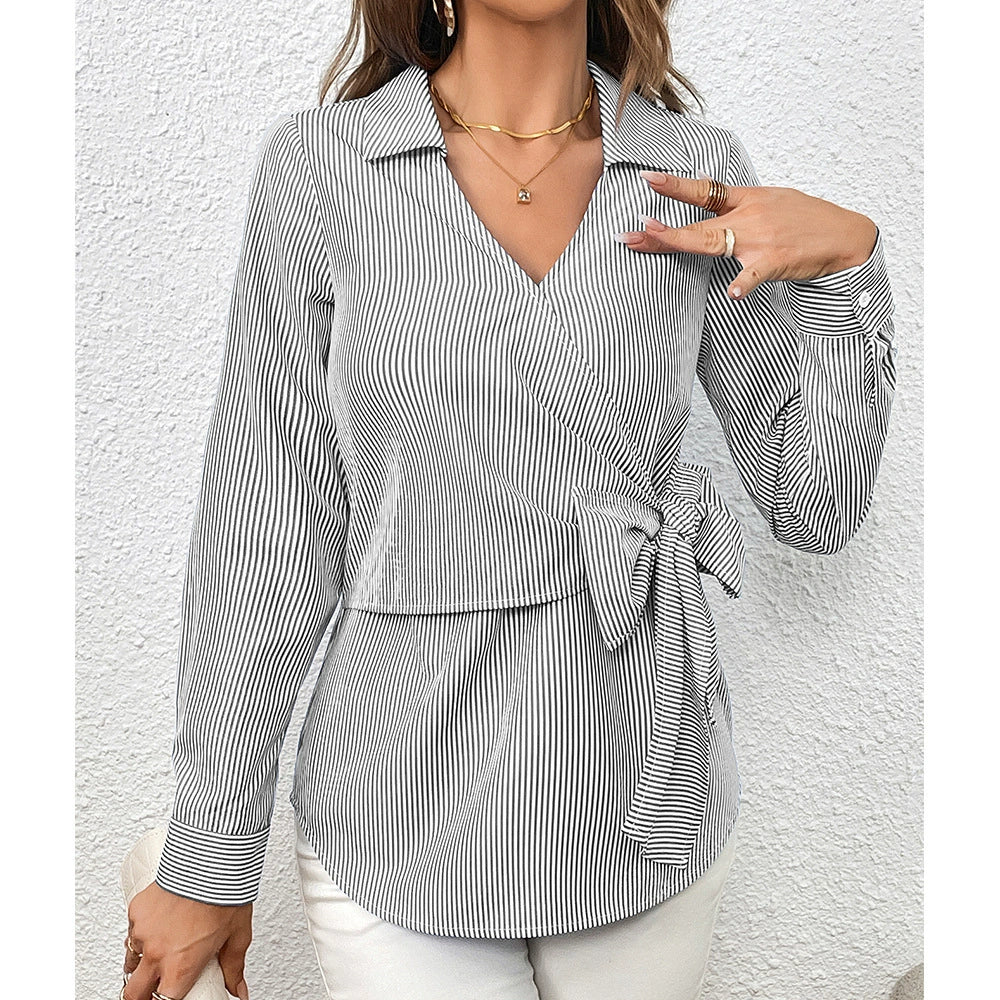 Stilla | Skjorte Slim Fit Wrap Stil Vertikale Striber Talje Snøring Lange Ærmer