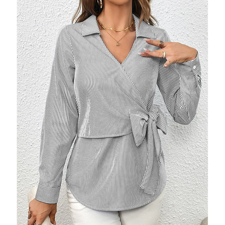 Stilla | Skjorte Slim Fit Wrap Stil Vertikale Striber Talje Snøring Lange Ærmer