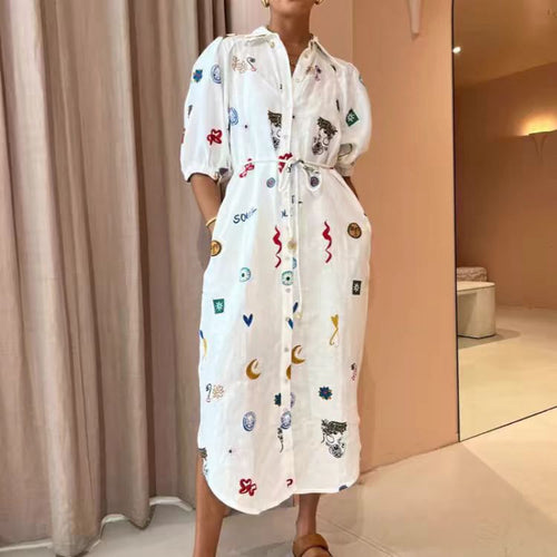 Dame Broderet Button-Up Maxi Skjorte Kjole Stilla