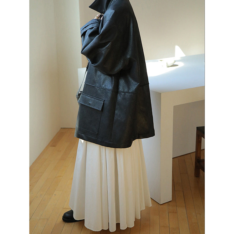 Dame Oversized Læderjakke med praktisk lomme-design Stilla