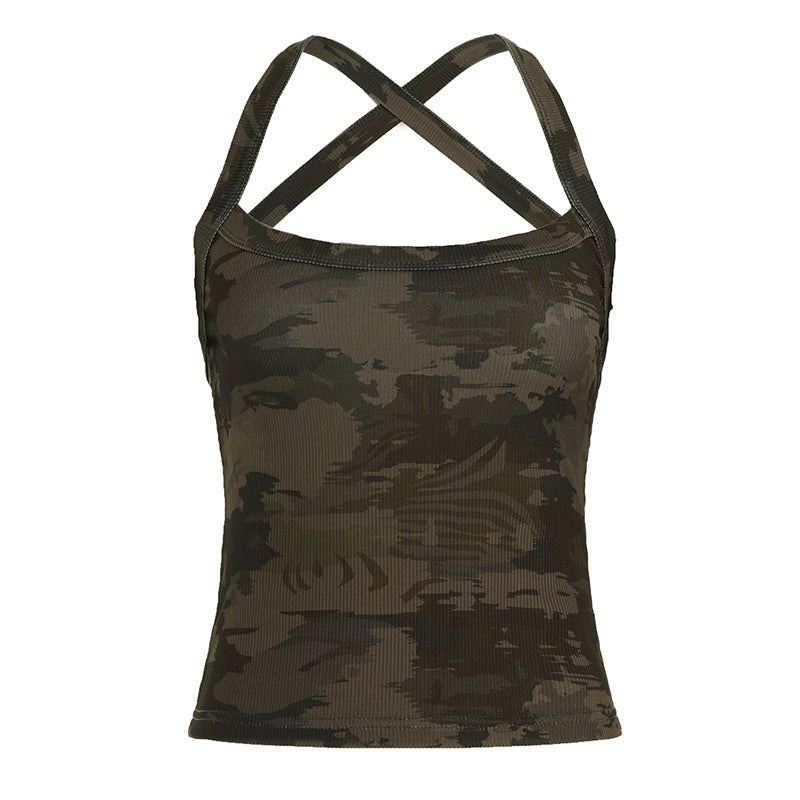 Dame sporty tanktop med X-formet ryg og camouflage mønster Skovae