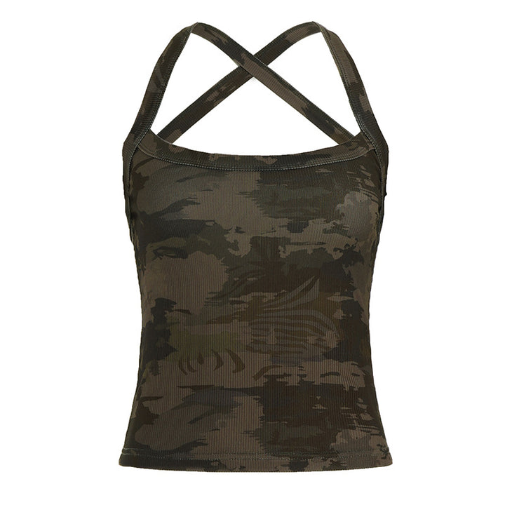 Dame sporty tanktop med X-formet ryg og camouflage mønster Skovae