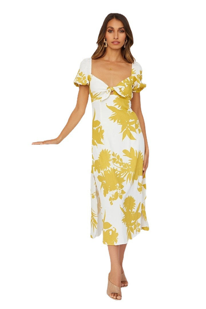 Femme Floral Åben ryg Midi Kjole med Puffærmer Stilla