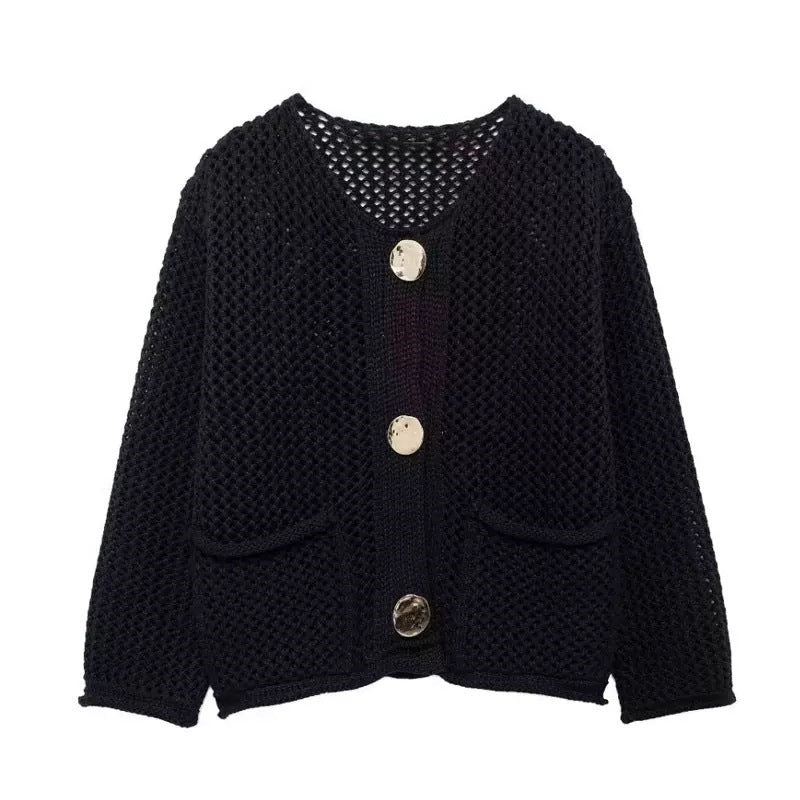Kvinders cardigan med mesh struktur og store knapdetaljer Stilla