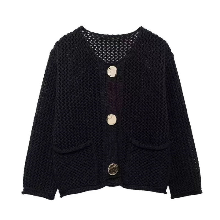 Kvinders cardigan med mesh struktur og store knapdetaljer Stilla