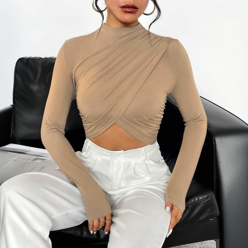 Kvindernes Langærmede Crop Top med Asymmetrisk Drapering og Elegant Ståkrave Stilla
