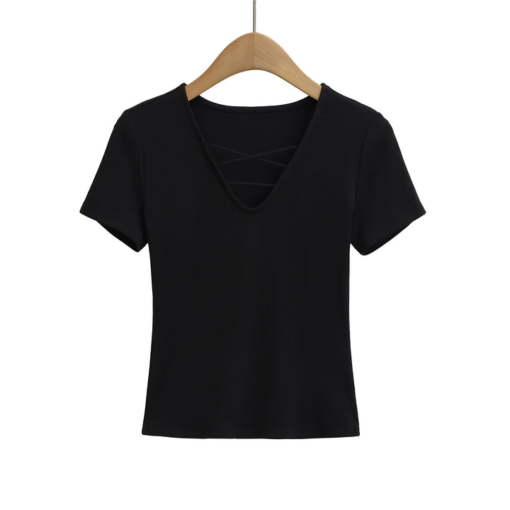 Dame afslappet V-hals T-shirt med unikt rygdesign Stilla