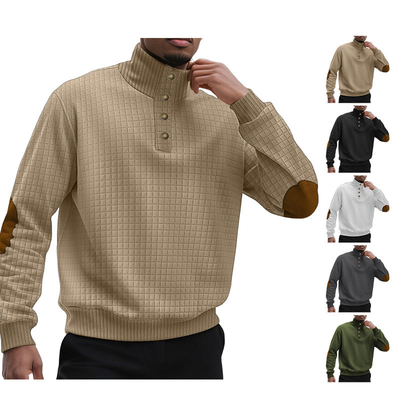 Herrer nan rutet quiltet sweatshirt med henley-lukning høj krave og velour albue-patch Skovae