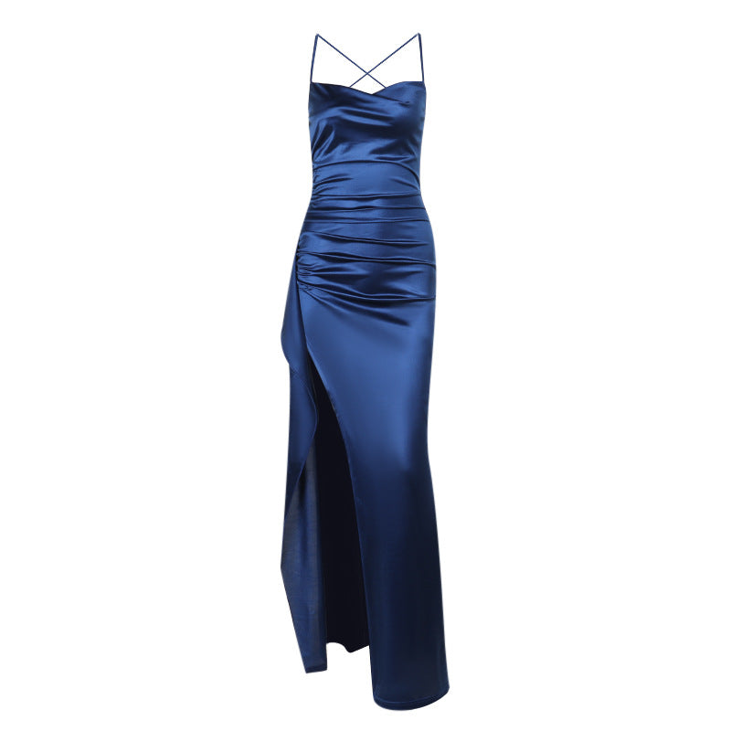Dame elegant satin kjole med dyb slids og justerbare spaghetti stropper Skovae