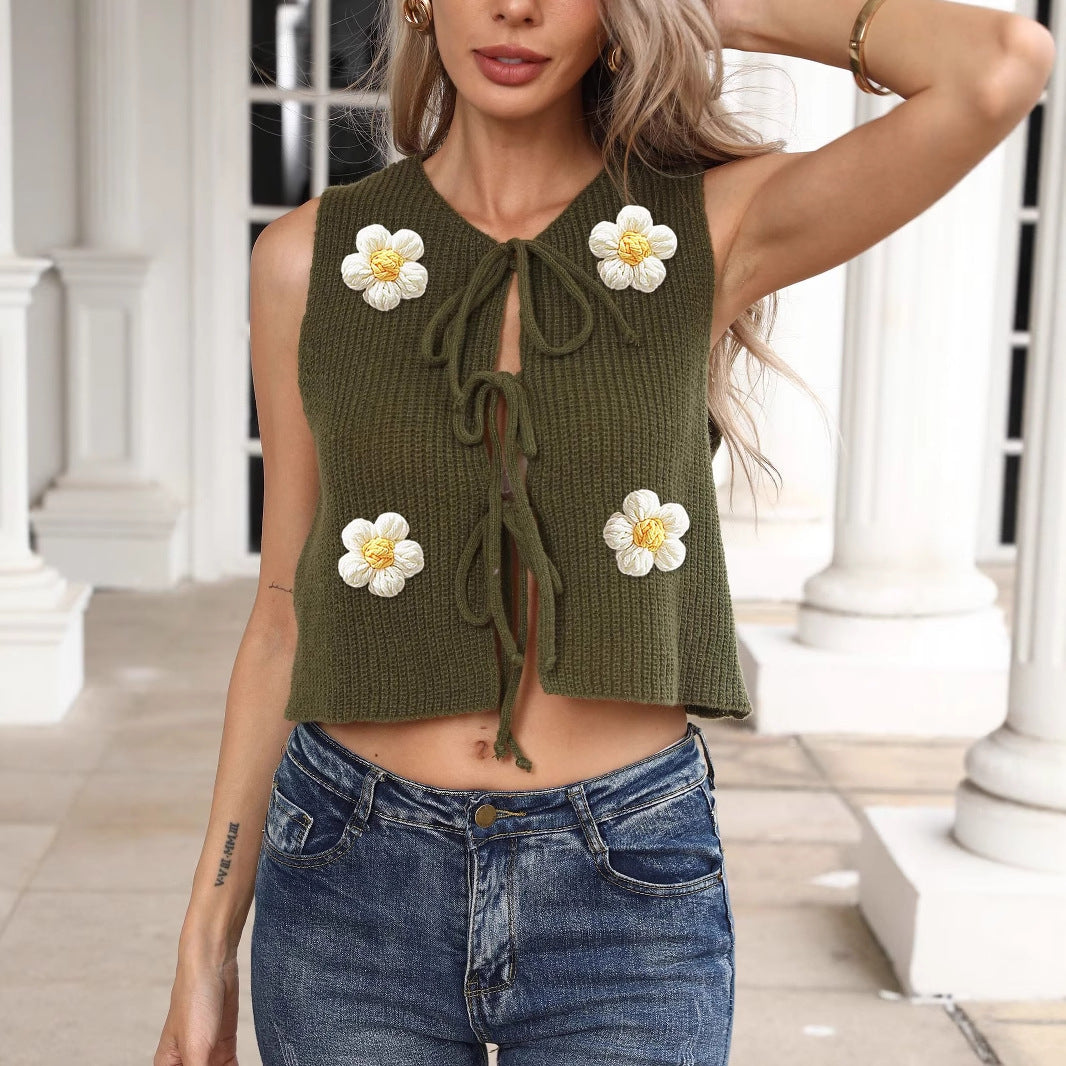 Femme Kortere strik top med blomsterdekorationer Stilla