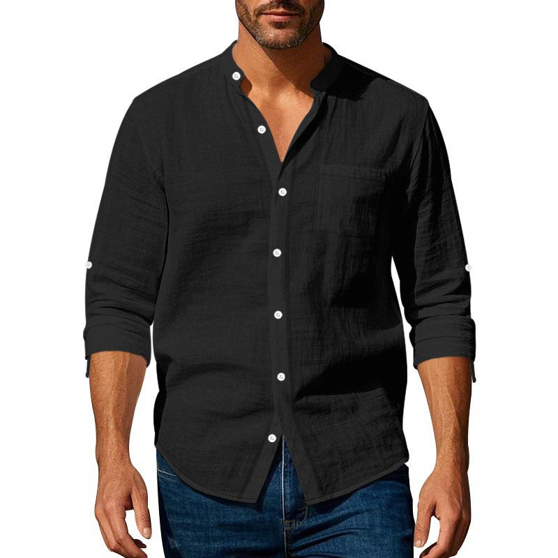 Herrer let linned shirt med praktisk ståkrave og brystlomme Stilla
