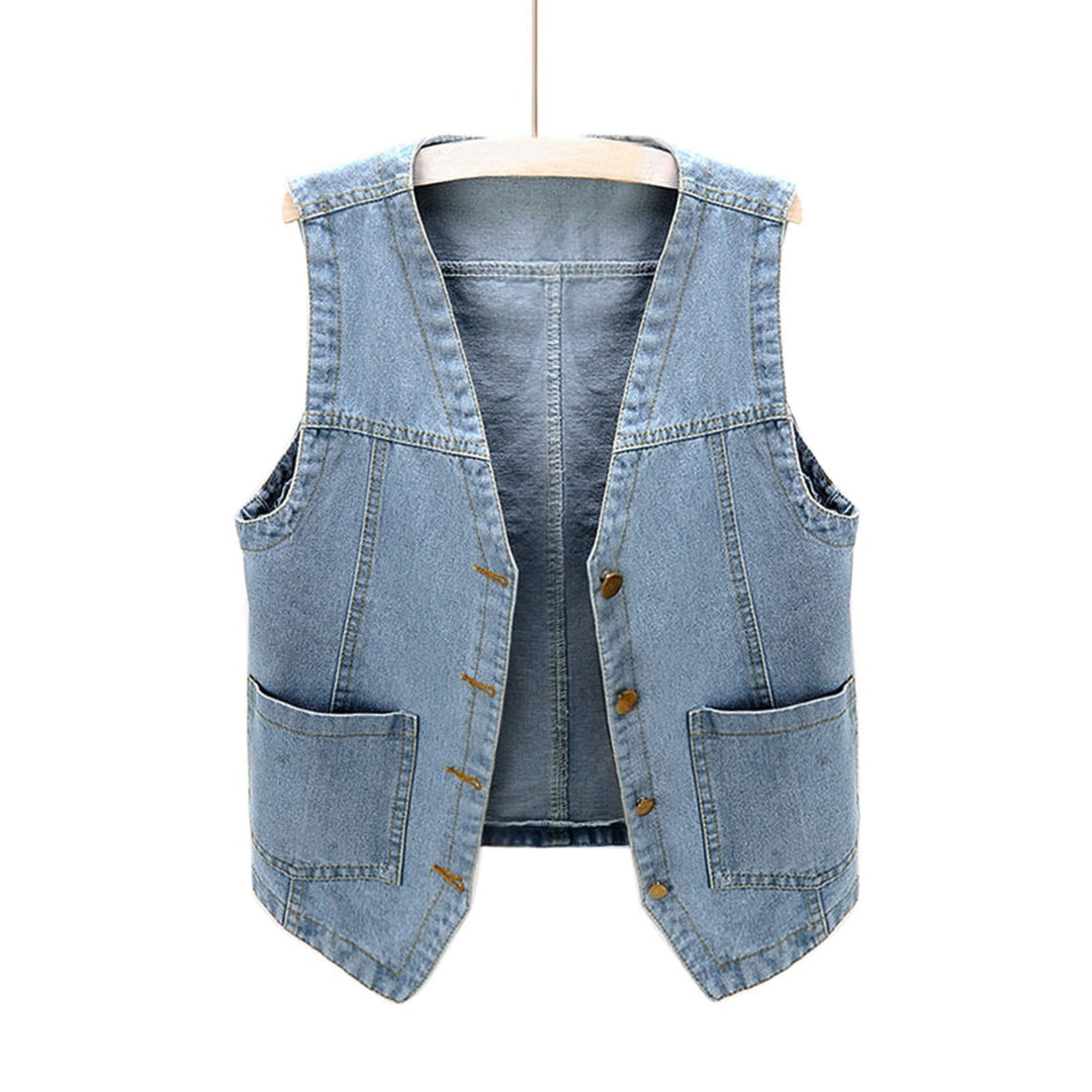Dame casual denim vest med knapdetaljer og påsyede lommer Skovae