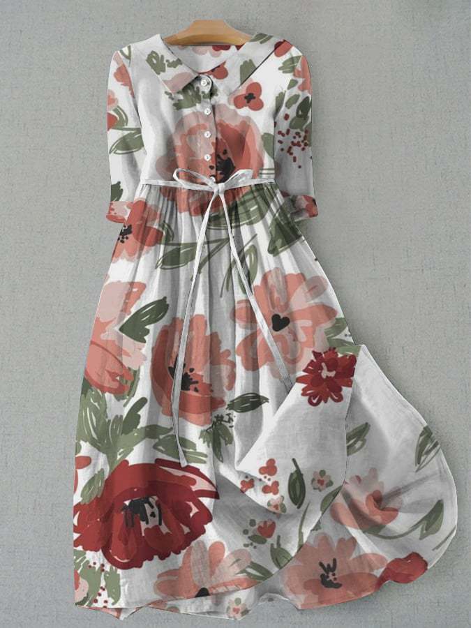 Dame blomster mønster kjole med elegant krave og talje snøre Stilla