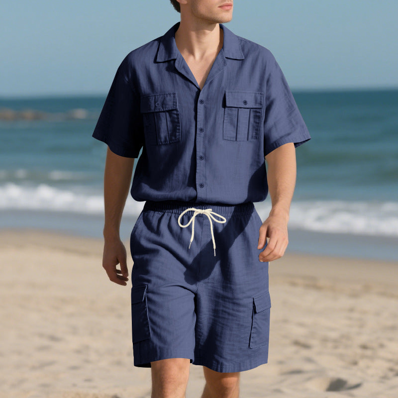 Herre afslappet strandskjorte sæt med praktiske cargo shorts og stilfuld krave Stilla