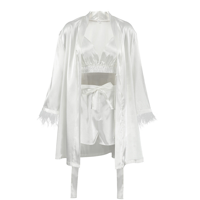 Dame Satin Pyjamas Sæt med elegante Fjer Stilla