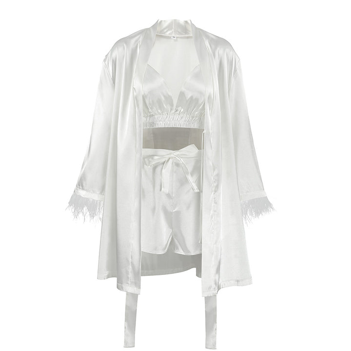 Dame Satin Pyjamas Sæt med elegante Fjer Stilla