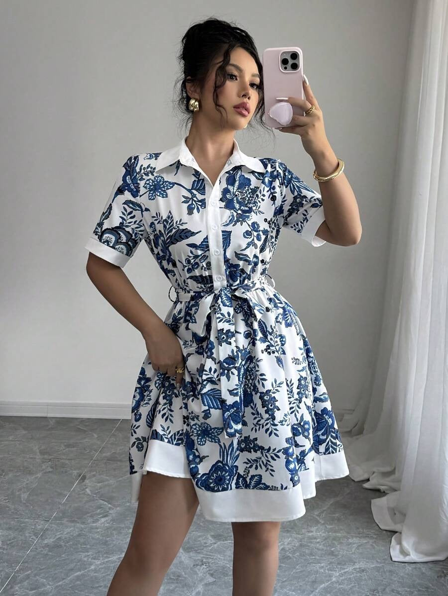 Dame Blomsterprint Button-Up Skjortekjole Stilla