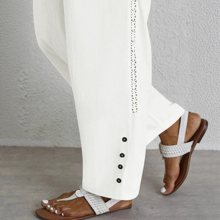 Dame Relaxed Fit Elastisk Taljebukser med Knapdetaljer Stilla