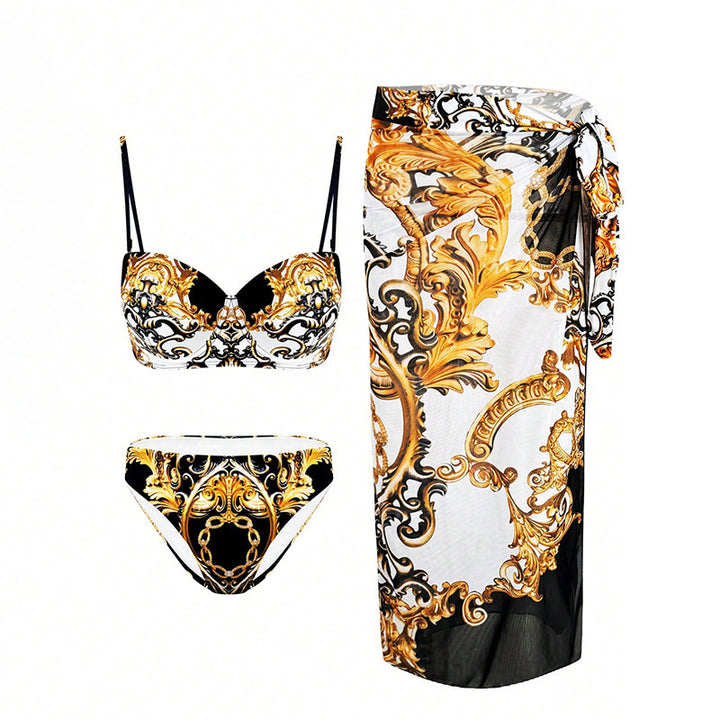 Dame Elegant Tryk-Bikini- og Sarong-Sæt Stilla